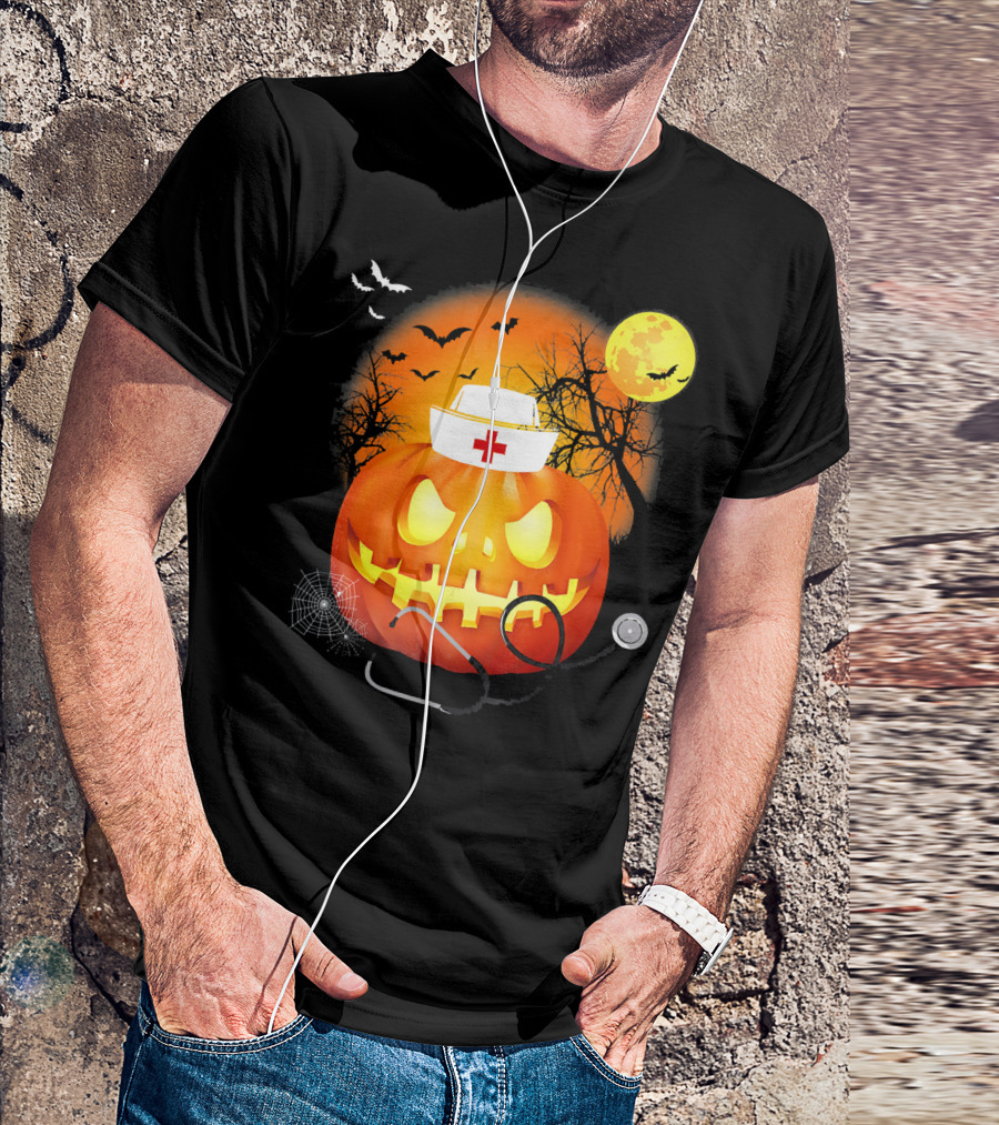 Nurse Halloween Pumpkin With Stethoscope And Bats T-Shirt