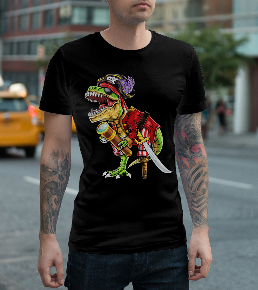 Pirate Dinosaur with Telescope and Peg Leg in Halloween Costume T-Shirt