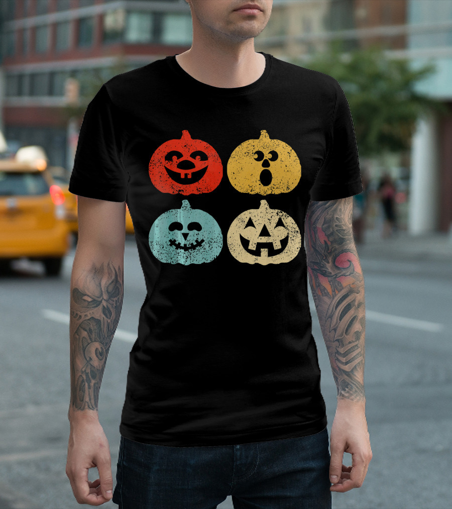 Vintage Halloween Pumpkin Women Retro Colorful Jack-O'-Lantern Faces T-Shirt