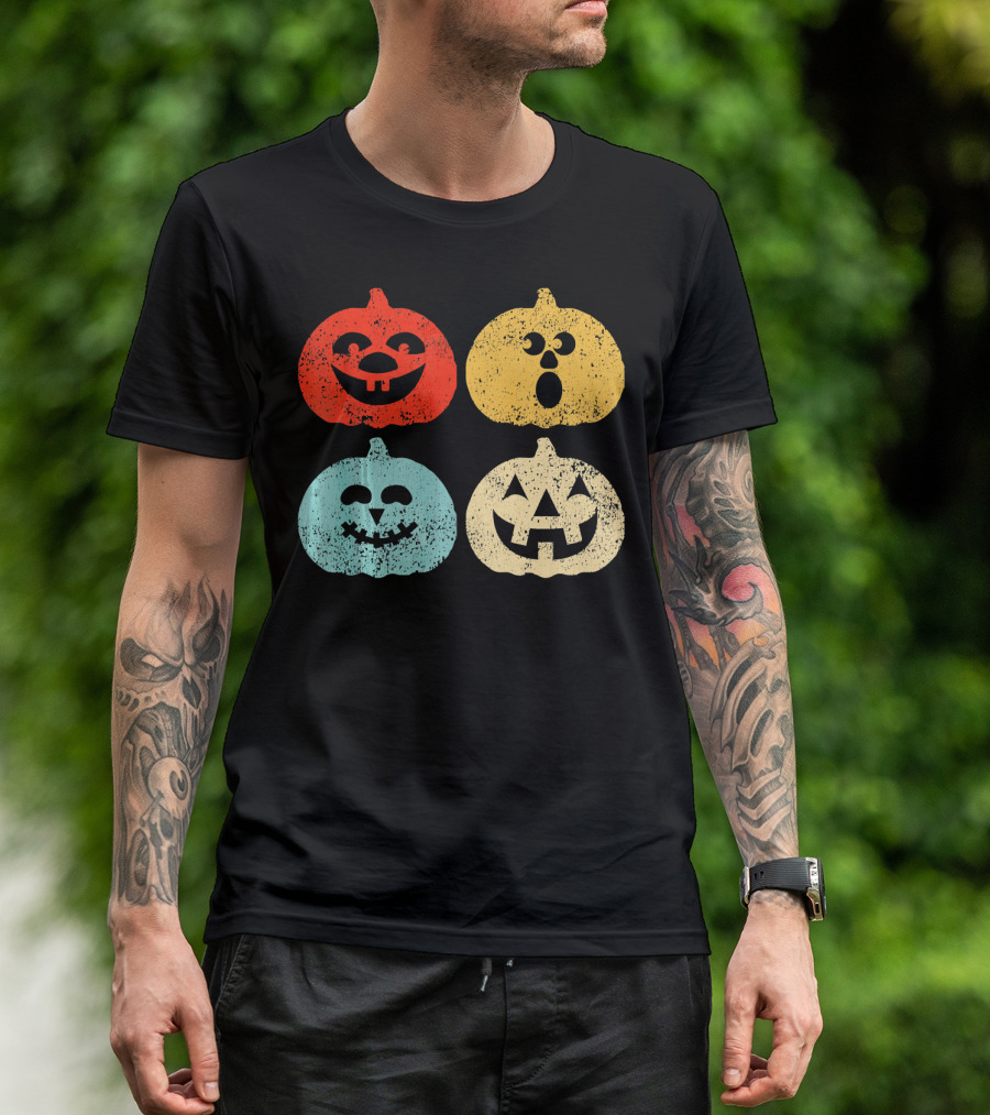 Vintage Halloween Pumpkin Women Retro Colorful Jack-O'-Lantern Faces T-Shirt