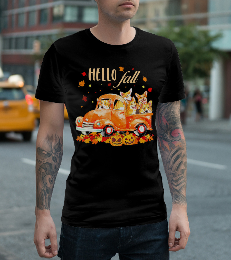 Hello Fall Corgis in Pumpkin Truck with Autumn Leaves and Jack-O'-Lanterns T-Shirt
