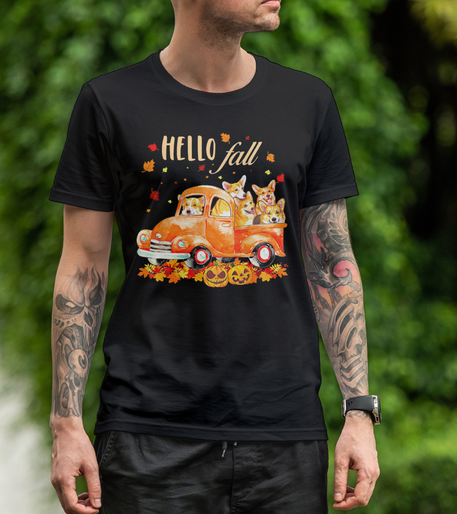 Hello Fall Corgis In Pumpkin Truck With Autumn Leaves And Jack-O'-Lanterns T-Shirt