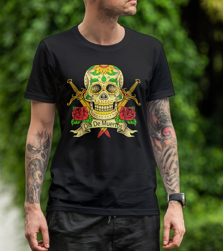 Dia De Muertos Skull With Roses And Swords Celebrating Day Of The Dead T-Shirt