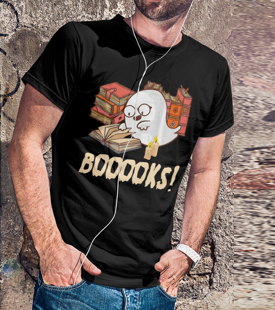 BOOOOKS Cute Reading Boo Ghost With Stacks Of Books And Candles T-Shirt