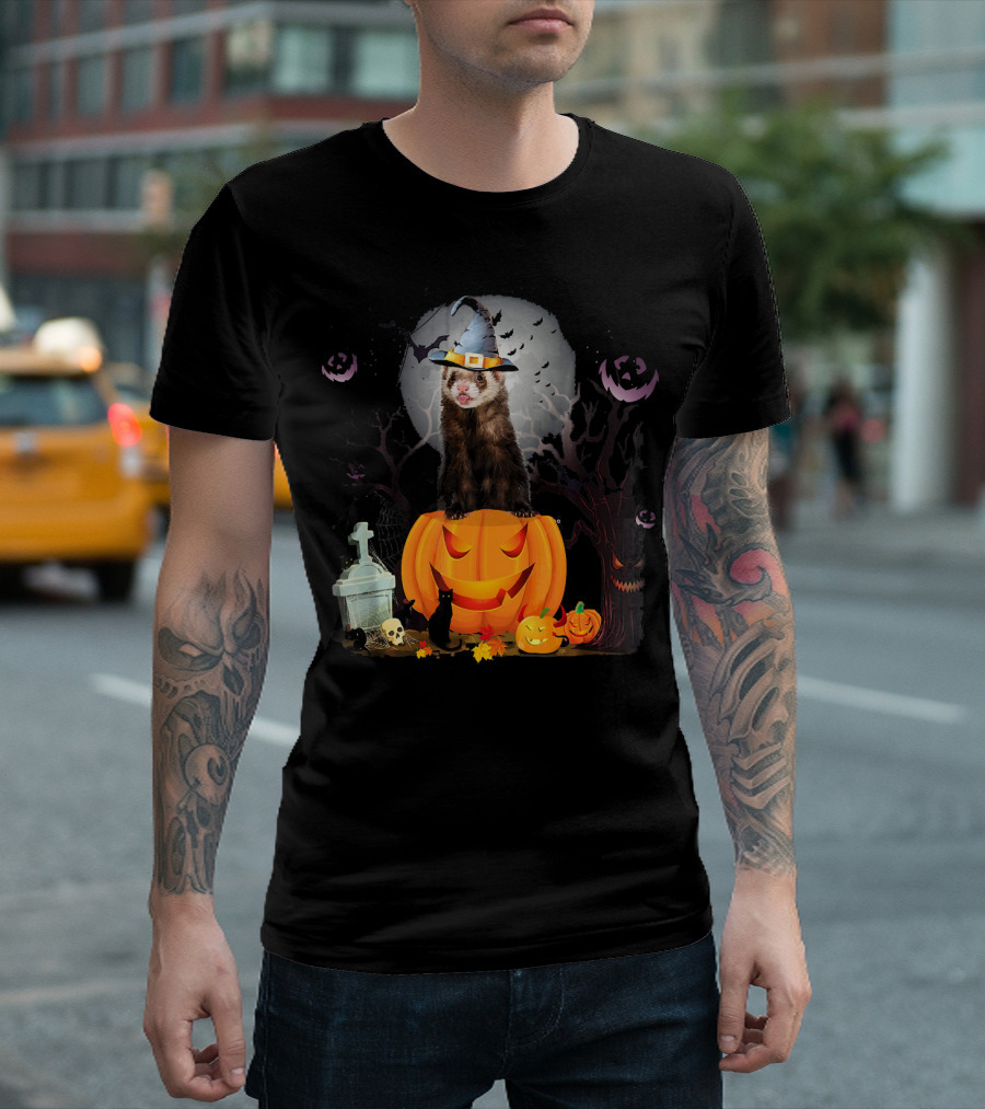 Funny Halloween Ferret with Pumpkin and Witch Hat T-Shirt