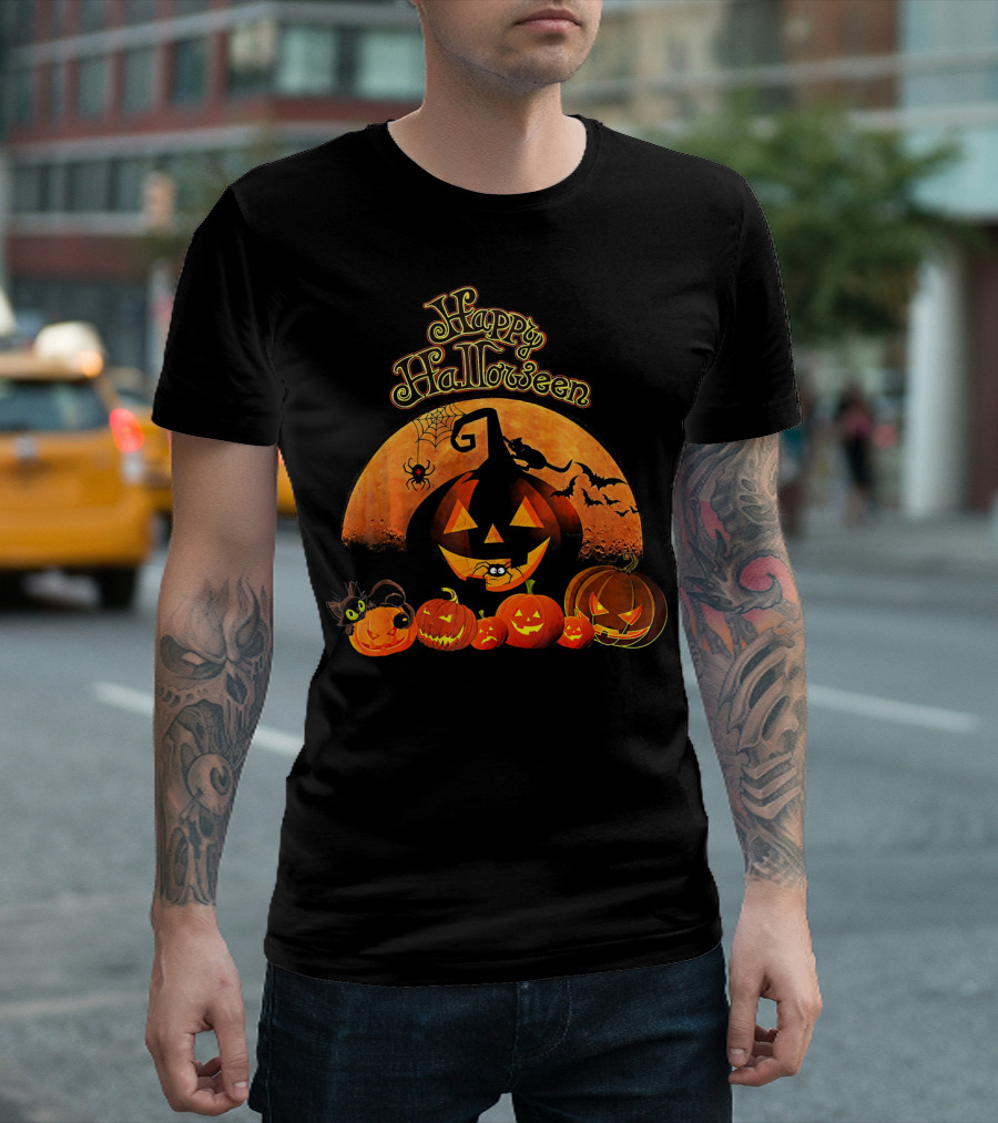 Happy Halloween Pumpkin Black Cat Witch Spider Bats T-Shirt