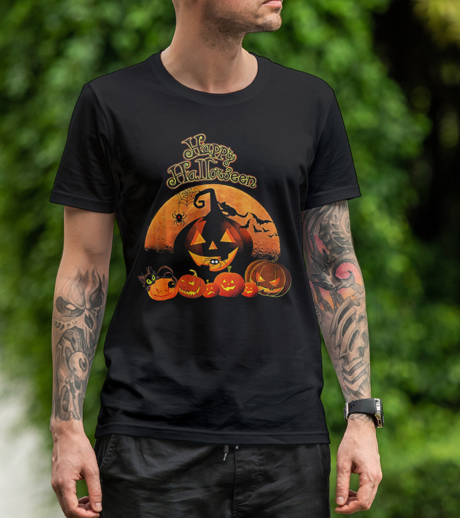 Happy Halloween Pumpkin Black Cat Witch Spider Bats T-Shirt