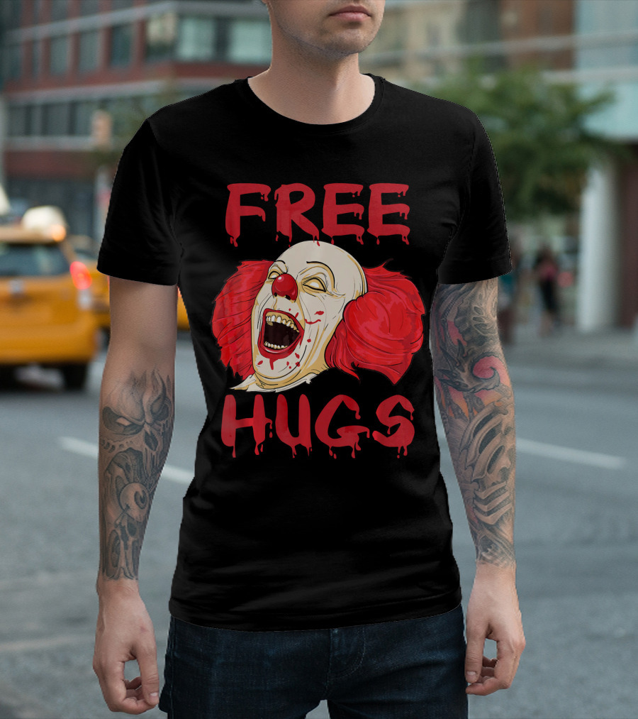 Free Hugs Evil Killer Scary Clown Costume Blood Red Horror T-Shirt