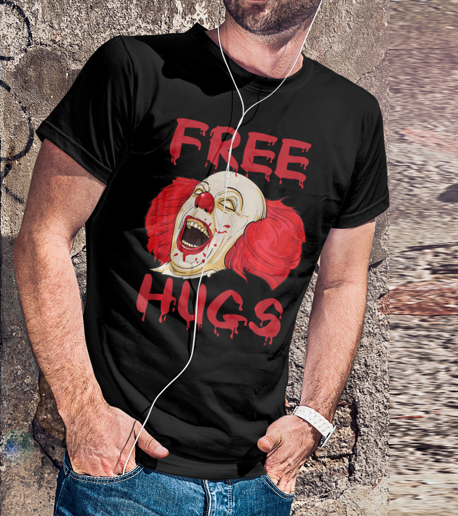 Free Hugs Evil Killer Scary Clown Costume Blood Red Horror T-Shirt