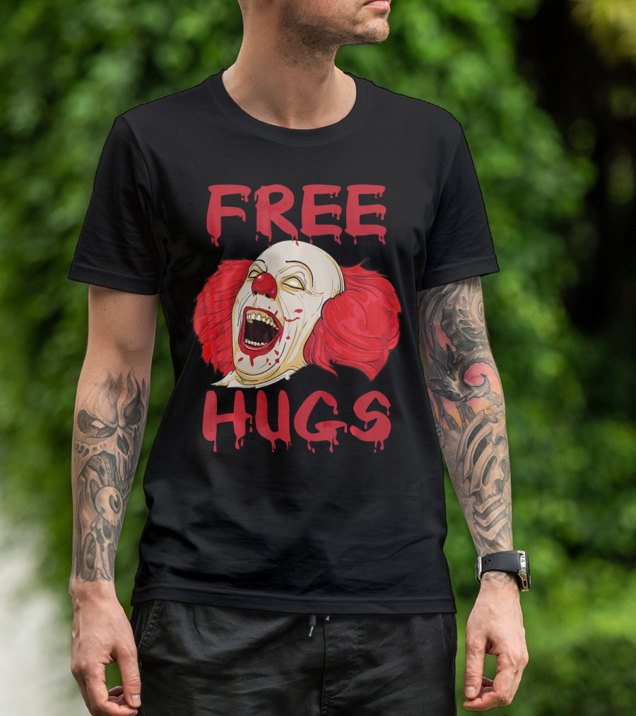 Free Hugs Evil Killer Scary Clown Costume Blood Red Horror T-Shirt