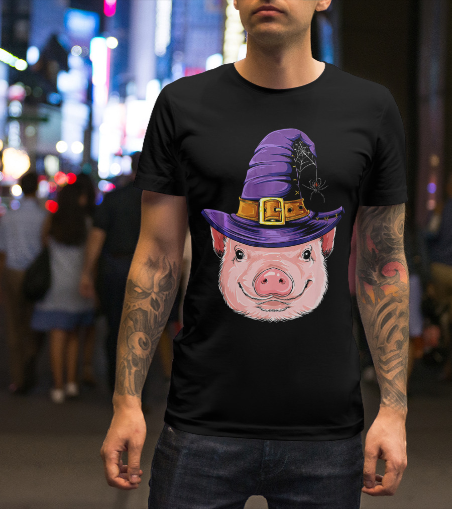 Pig In Witch Hat With Spider And Web Halloween T-Shirt