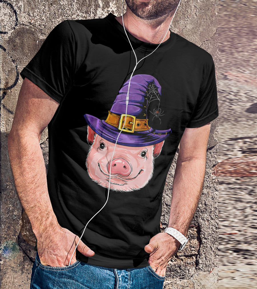 Pig In Witch Hat With Spider And Web Halloween T-Shirt