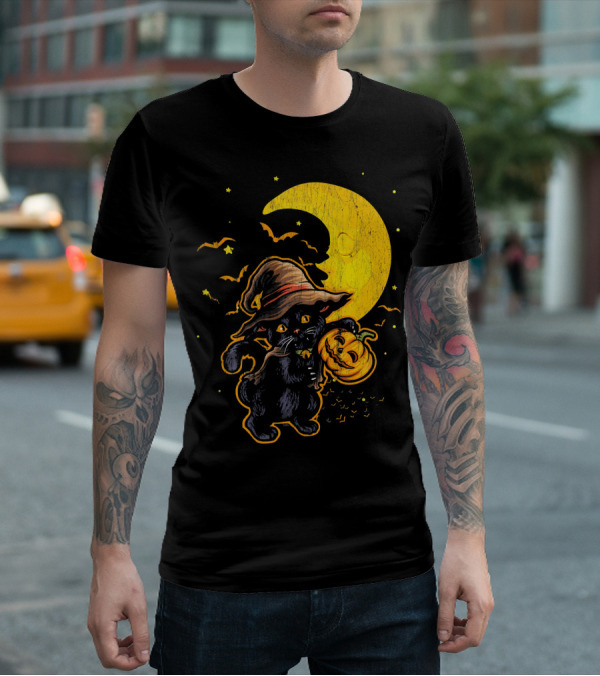 Halloween Black Cat Witch With Pumpkin Under Moon And Bats T-Shirt