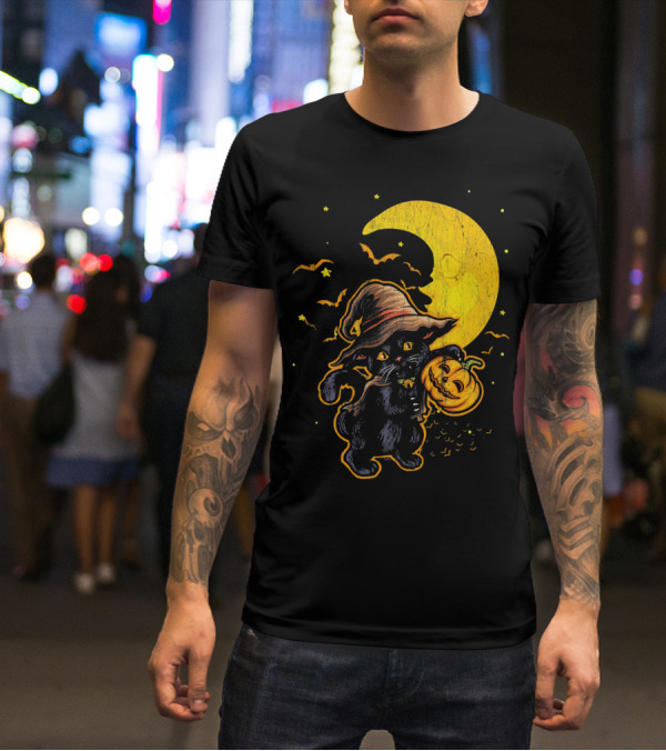 Halloween Black Cat Witch With Pumpkin Under Moon And Bats T-Shirt