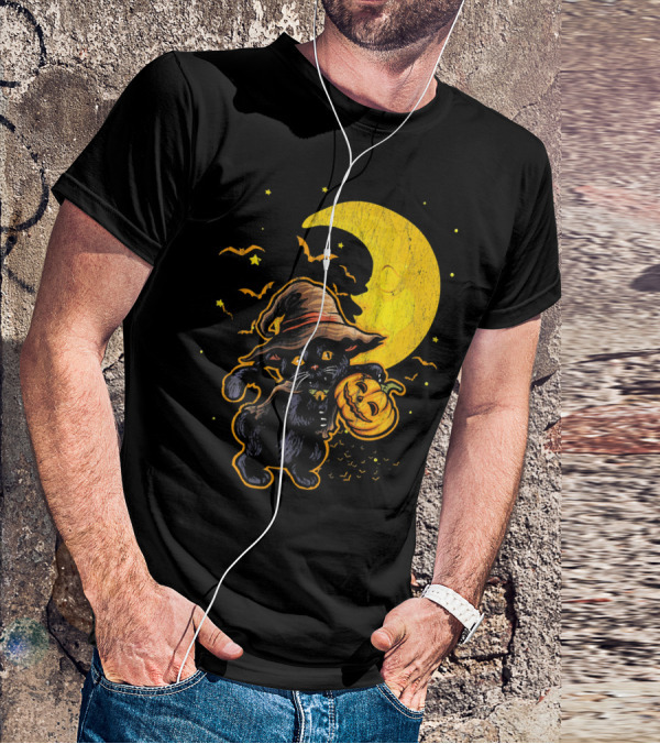 Halloween Black Cat Witch With Pumpkin Under Moon And Bats T-Shirt