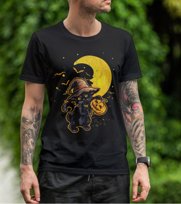 Halloween Black Cat Witch With Pumpkin Under Moon And Bats T-Shirt