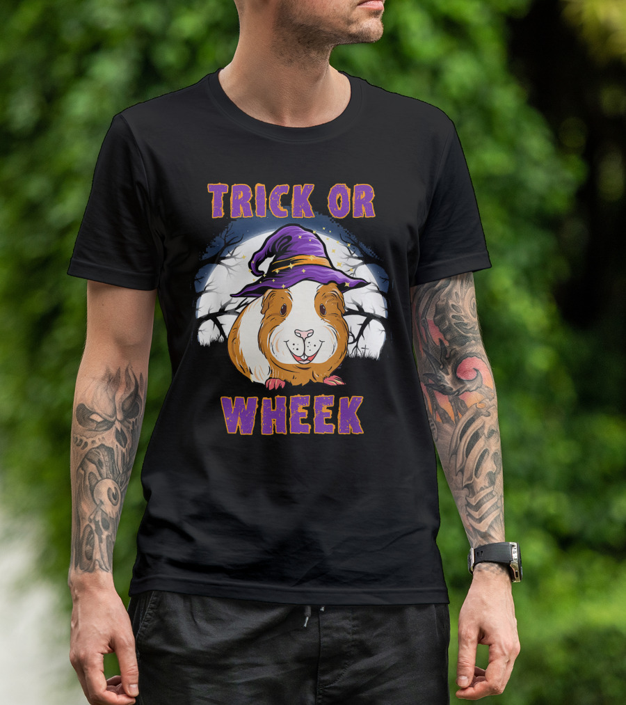 Trick Or Wheek Halloween Guinea Pig With Witch Hat And Moon Background T-Shirt
