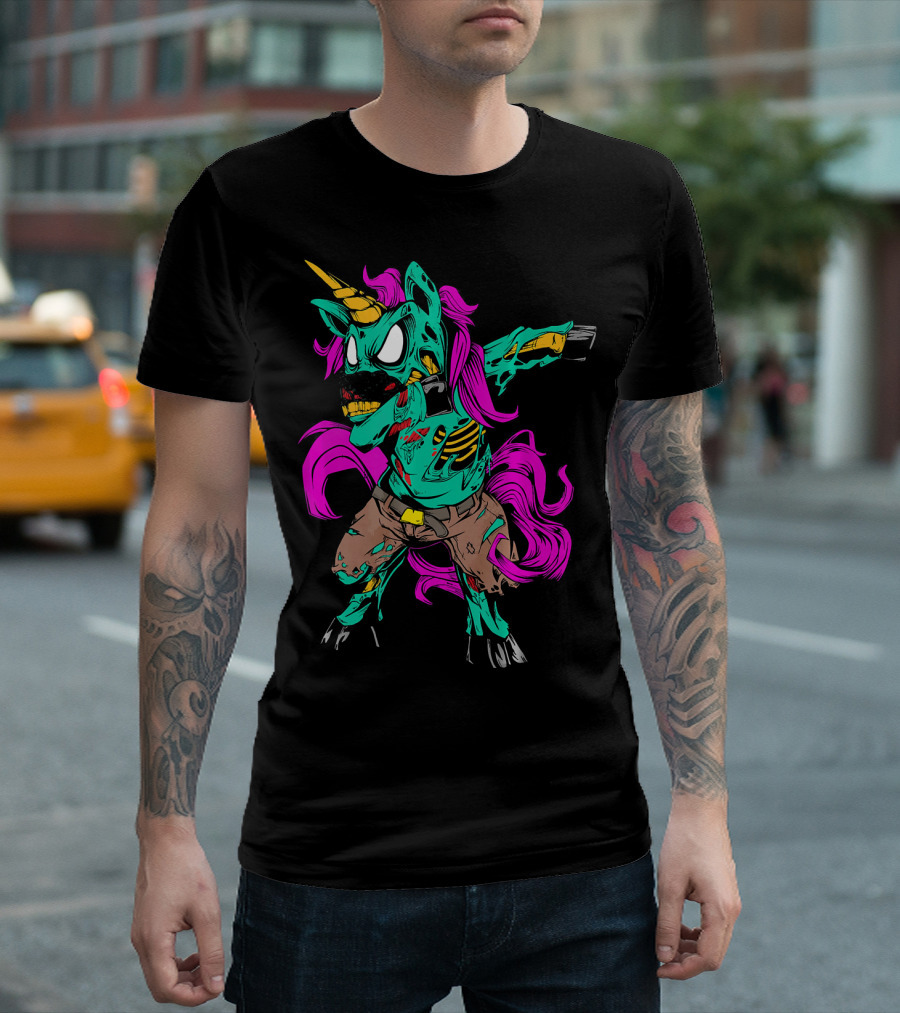 Scary Dabbing Zombie Unicorn with Pink Mane and Torn Clothing T-Shirt