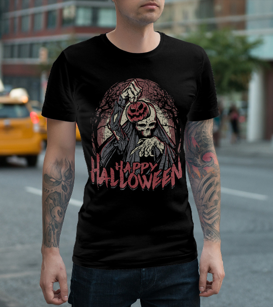 Halloween Scary Zombie Skeleton with Pumpkin Head T-Shirt