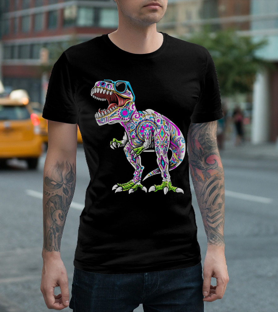 Day Of The Dead Dia De Los Muertos T-Rex Dinosaur With Sunglasses T-Shirt