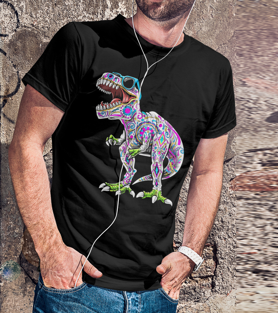 Day Of The Dead Dia De Los Muertos T-Rex Dinosaur With Sunglasses T-Shirt