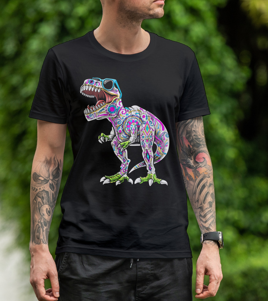 Day Of The Dead Dia De Los Muertos T-Rex Dinosaur With Sunglasses T-Shirt