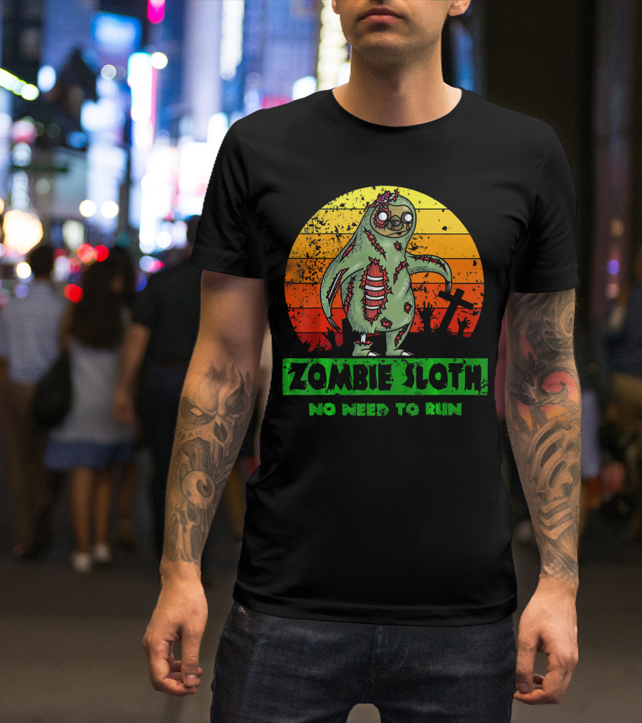 Zombie Sloth No Need To Run Sunset Cemetery Background T-Shirt