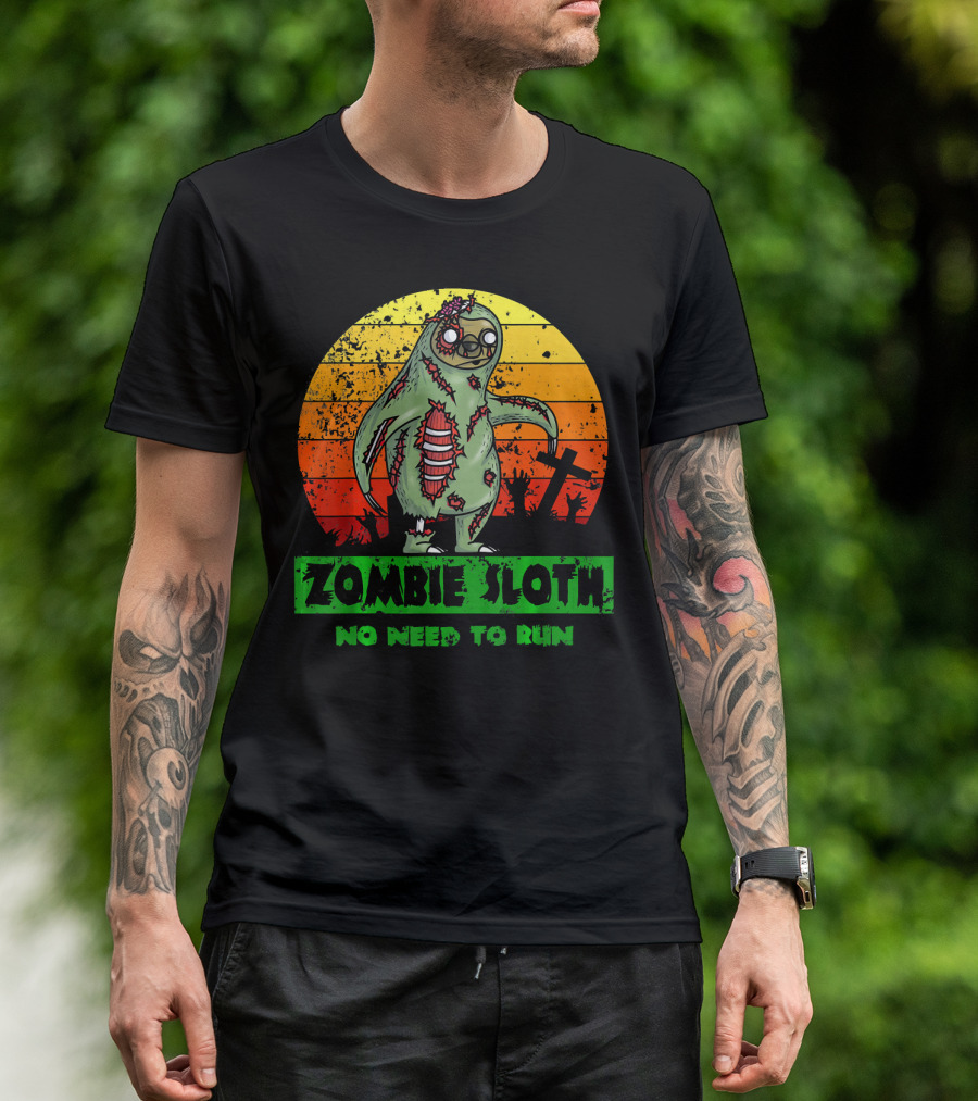 Zombie Sloth No Need To Run Sunset Cemetery Background T-Shirt