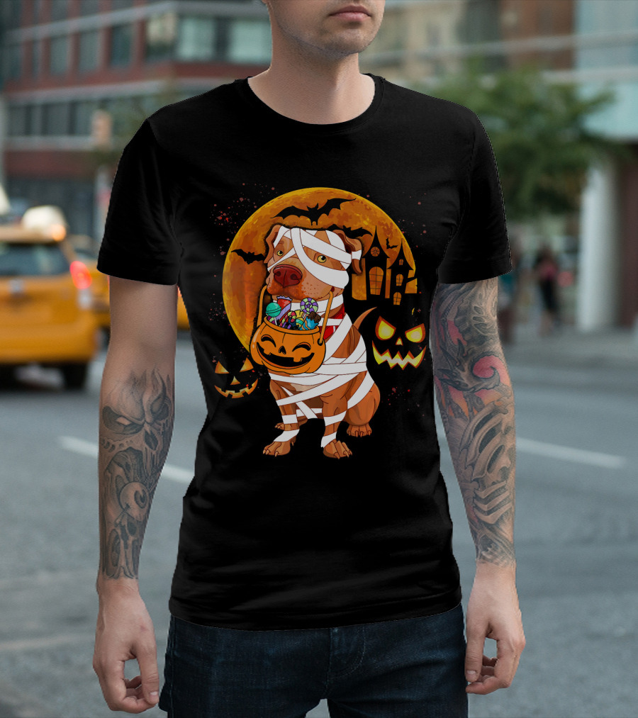 Funny Halloween Mummy Pitbull Boo Dog With Pumpkin Candy And Scary Moon T-Shirt