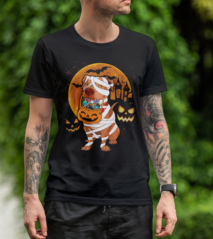 Funny Halloween Mummy Pitbull Boo Dog With Pumpkin Candy And Scary Moon T-Shirt