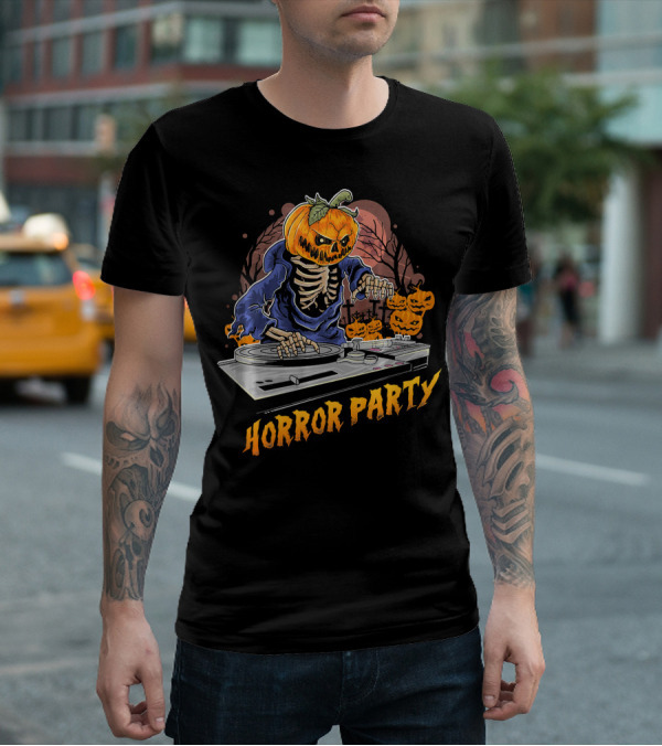 Horror Party Skeleton Pumpkin Head DJ Turntable Halloween Vibes T-Shirt