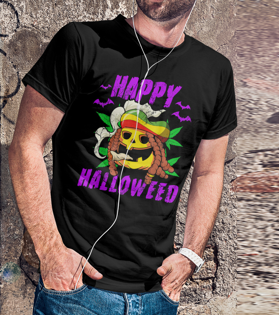 Happy Halloweed Rasta Pumpkin Smoking Weed With Bats And Jamaican Colors T-Shirt