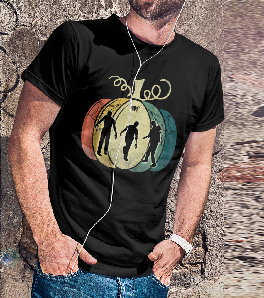 Pumpkin With Zombie Silhouettes And Spider Webs T-Shirt