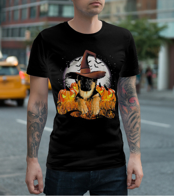 German Shepherd Witch Hat Pumpkins Halloween Moon Bats T-Shirt