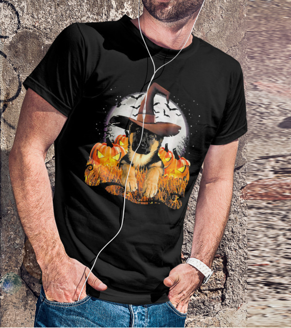 German Shepherd Witch Hat Pumpkins Halloween Moon Bats T-Shirt