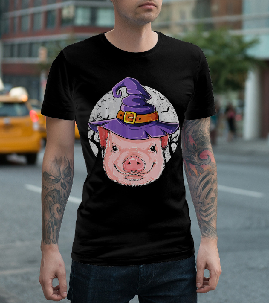 Pig Wearing Purple Witch Hat With Spooky Full Moon And Bats T-Shirt