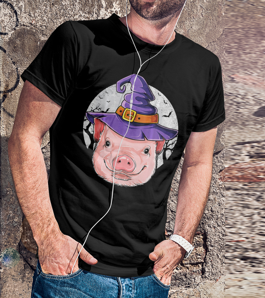 Pig Wearing Purple Witch Hat With Spooky Full Moon And Bats T-Shirt