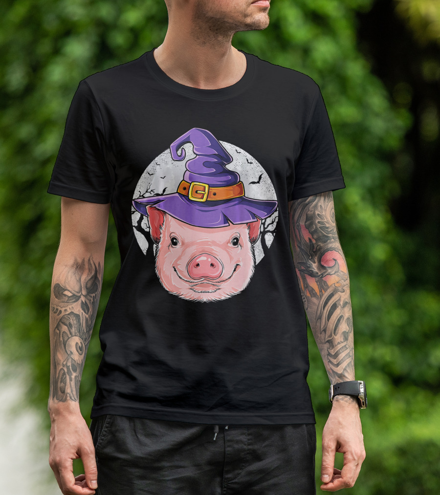 Pig Wearing Purple Witch Hat With Spooky Full Moon And Bats T-Shirt