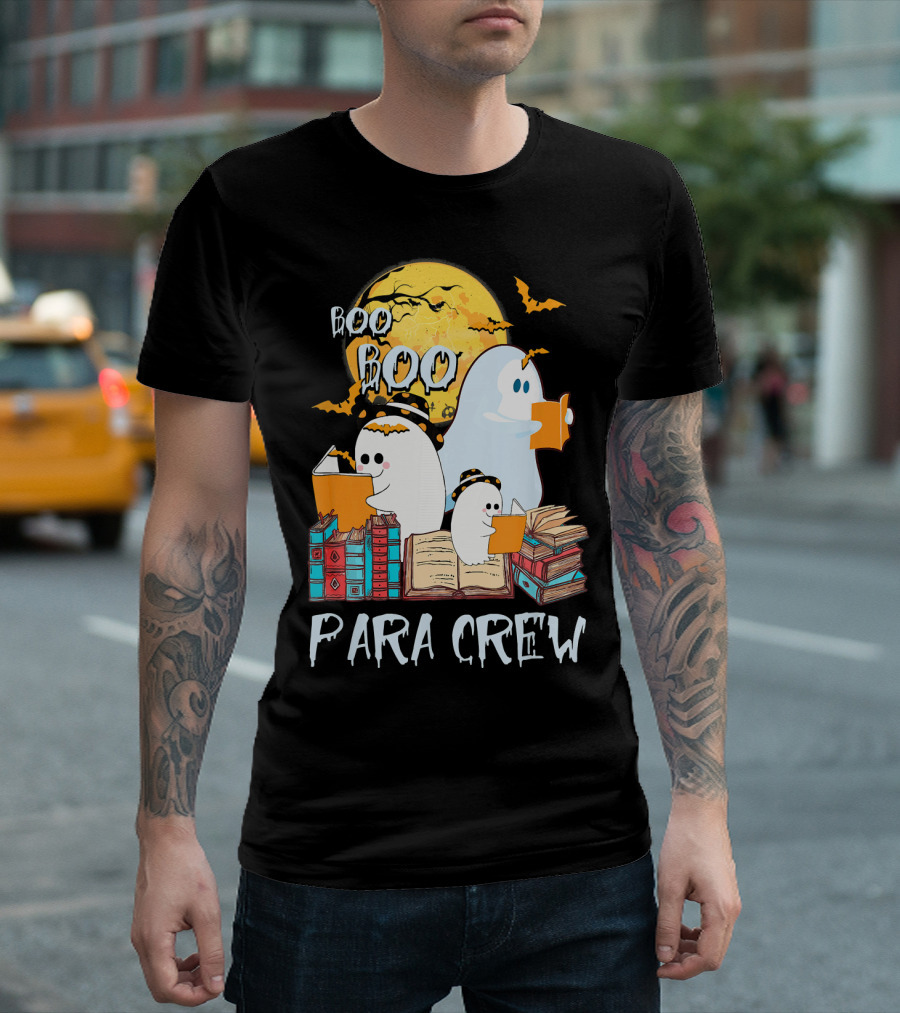 Boo Boo Para Crew Paraprofessional Ghost Reading by Moonlight with Books and Bats T-Shirt