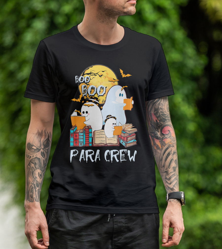 Boo Boo Para Crew Paraprofessional Ghost Reading By Moonlight With Books And Bats T-Shirt