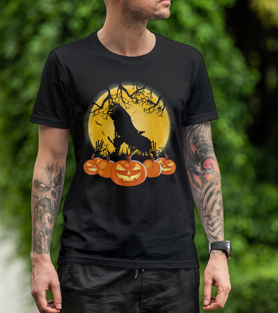 Vulture Silhouette With Pumpkins And Full Moon Halloween Scene T-Shirt