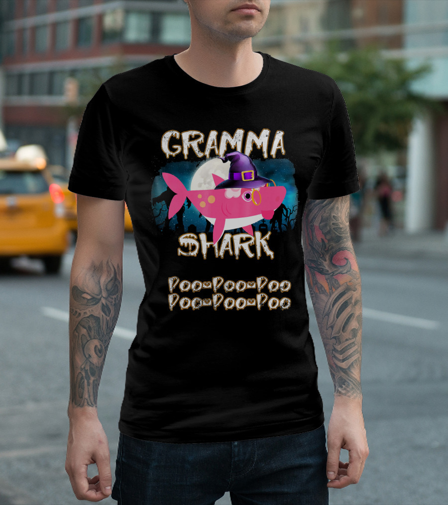 Gramma Shark Doo Doo Doo Halloween Witch Hat And Moon Background T-Shirt