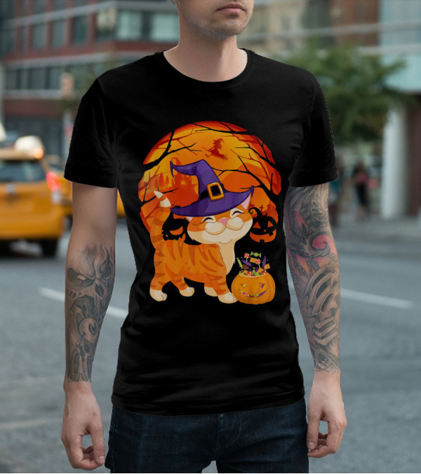 Halloween Costume Cat Witch Hat Happy Pumpkin Moon Scene T-Shirt