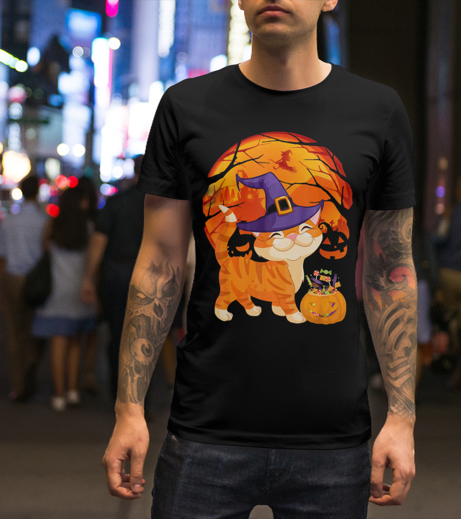 Halloween Costume Cat Witch Hat Happy Pumpkin Moon Scene T-Shirt