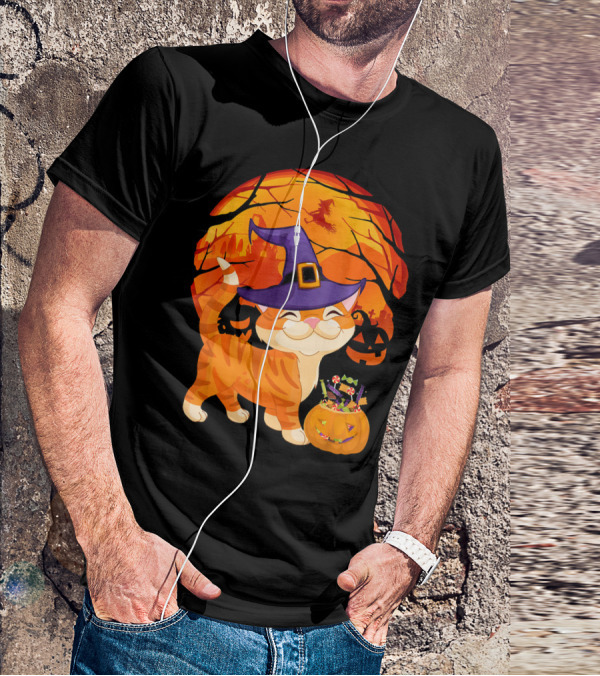 Halloween Costume Cat Witch Hat Happy Pumpkin Moon Scene T-Shirt