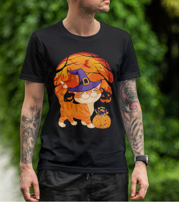 Halloween Costume Cat Witch Hat Happy Pumpkin Moon Scene T-Shirt