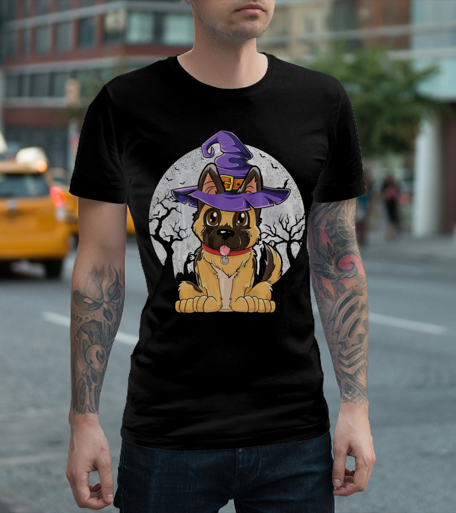 German Shepherd Witch Halloween Moon Background T-Shirt