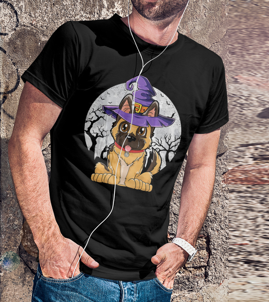 German Shepherd Witch Halloween Moon Background T-Shirt
