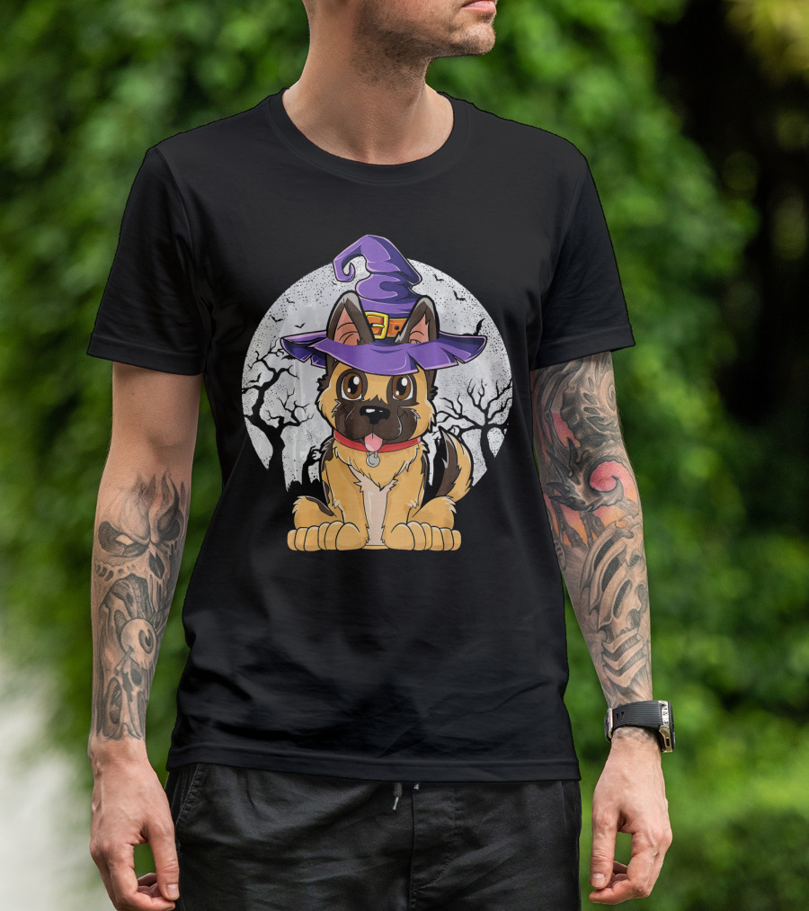 German Shepherd Witch Halloween Moon Background T-Shirt