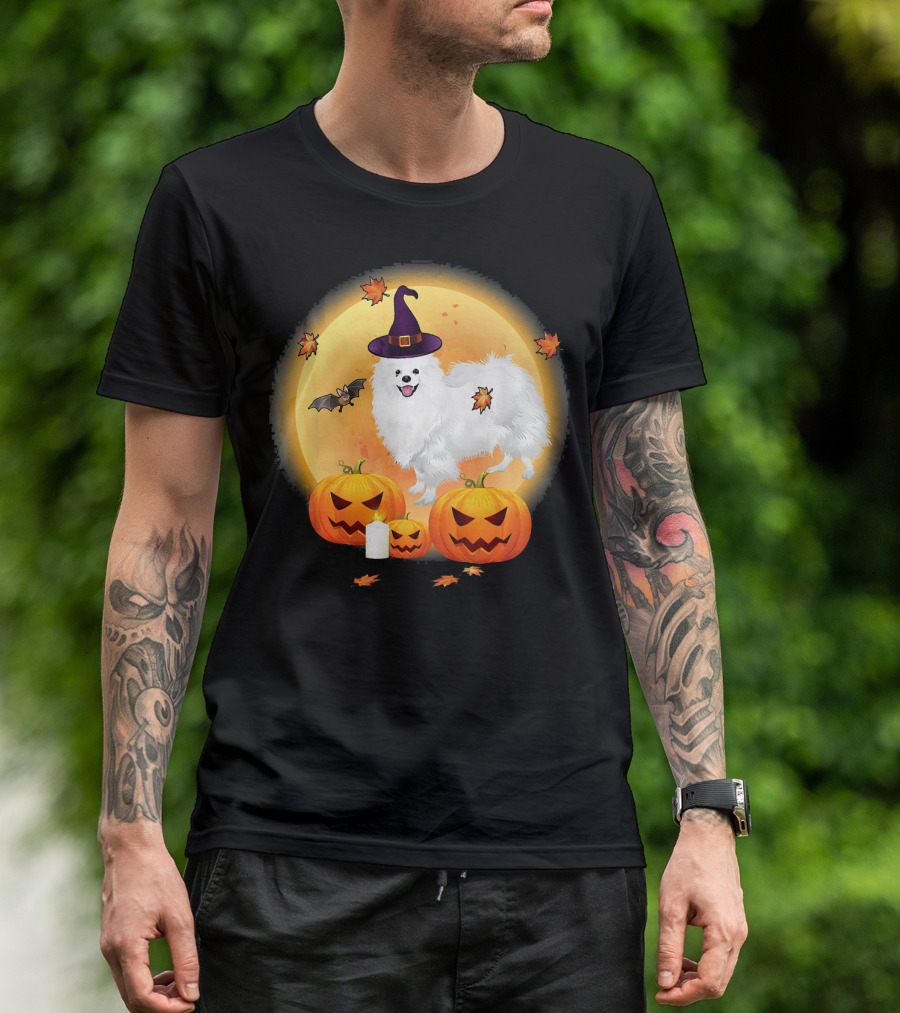 Halloween American Eskimo Dog With Pumpkins And Witch Hat T-Shirt